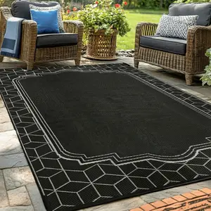 Rug, 9x12ft Waterproof Reversible Mat Indoor Rugs Carpet, Small Area Rug Straw Rug for Deck Balcony Pool RV Camping Beach, Black, Rugscape Series