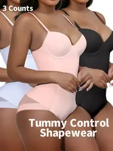 Women's Solid Color Minimalist Pleated Mesh Crop Shapewear Bodysuit with Removable Chest Pad, Casual Adjustable Straps Tummy Control Shaper, Women's Shapewear for All Seasons, Womenswear Fit Piece