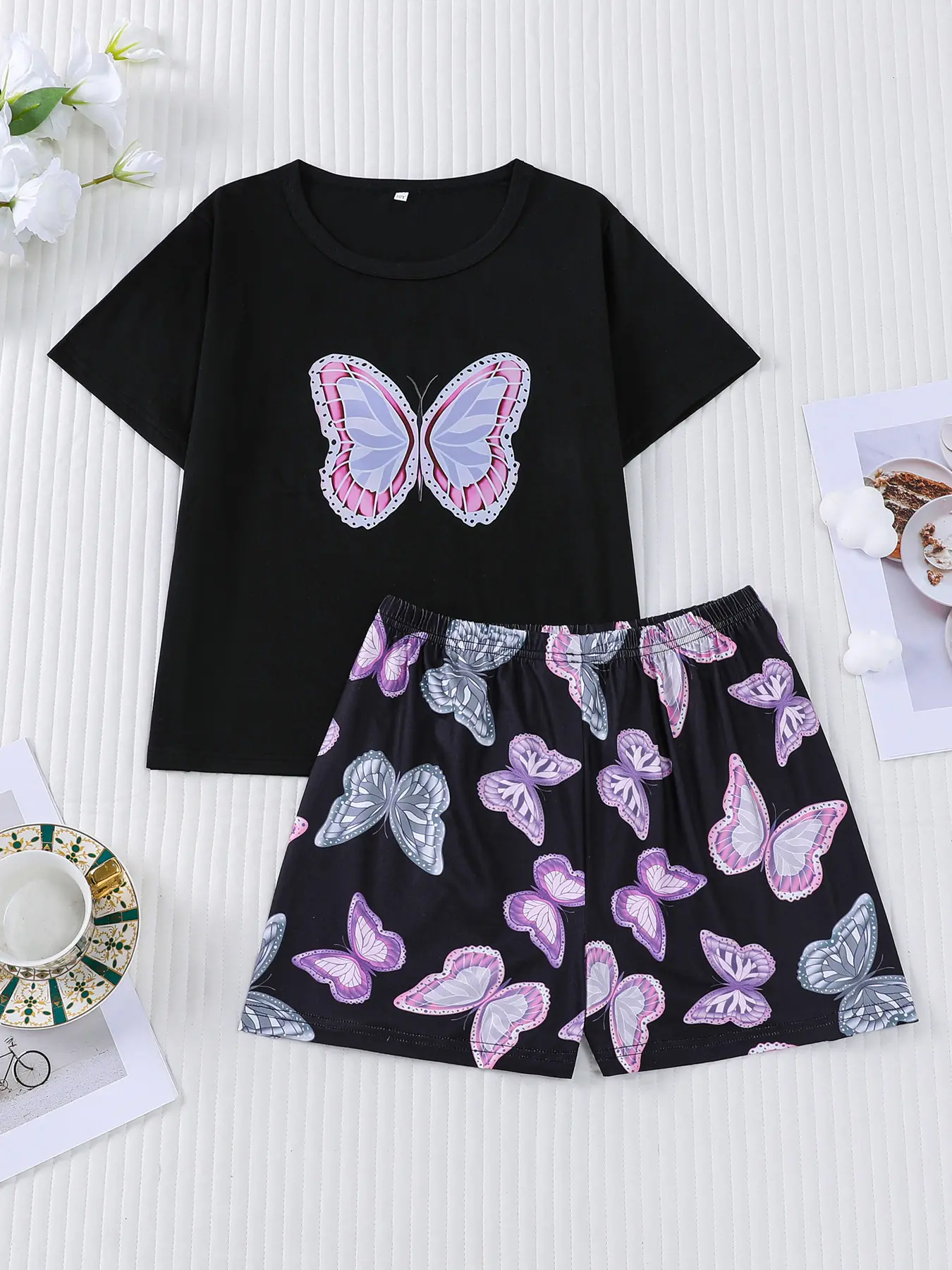 2 pieces of girls' purple butterfly print round neck short sleeved shorts and pajamas set suitable for all seasons, casual, comfortable, cute home wear Summer Pjs Casual Comfy Print Sleepwear Set Pajama Pajama Sets