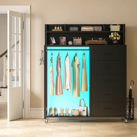 Unikito 5-in-1 Smart Storage cabinet + shelf/ LED Lights & USB Charging! Closet Organizer + 5 Fabric Drawers + Lockable Wheels Perfect for Bedroom/Entryway