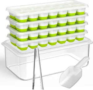 Ice Cube Tray with Lid and Bin, 4 Pack Silicone Plastic Ice Cube Trays for Freezer with Ice Box, Ice Trays with Ice Container, Stackable Ice Tray with Storage Ice Bucket Kits,Ice Tong,Ice Scoop Disposable Kitchen