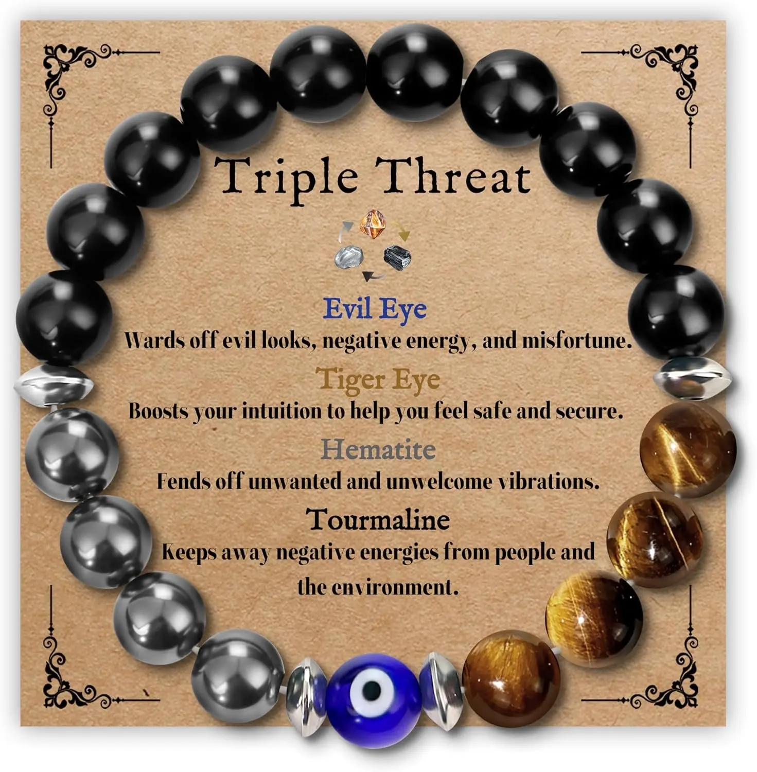 Evil Eye 8mm Natural Stone Stretch Bracelet - High-Stretch Elastic Cord, Earth-Tone Tiger Eye, Hematite, Tourmaline, Unisex Adjustable Fit, Intuition Booster, Luck & Energy Gift, Gym Sessions Use (Festive & Party Supplies)