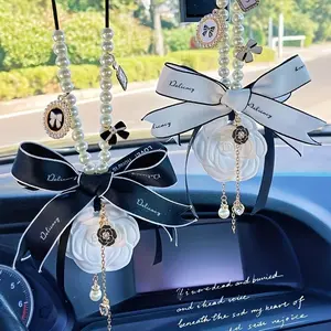 Elegant Camellia Car Pendant - 11.81in Car Hanging Decoration, Rearview Mirror Ornament with Gold Coin Charm, Pink Accent, Pearl Accents, Feminine Luxurious Auto Interior Accessory