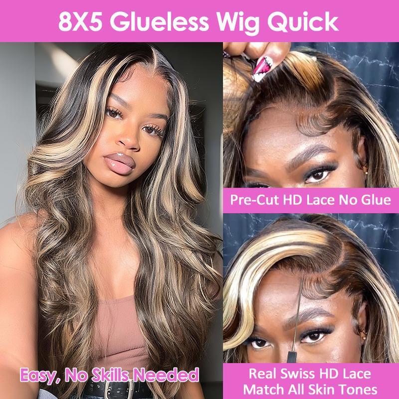 Cynosure 1B/27 Highlight Body Wave Wig 8x5 Glueless Wear Go Human Hair Wig Pre Cut HD Lace Wig Beginner Friendly