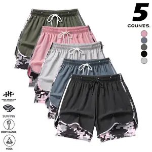 Pack of 5 women’s summer camouflage running shorts—basic style, sporty design; yoga shorts; faux two-piece jogging shorts with a drawstring waist; suitable for running, gym workouts, yoga, and tennis; can also be given as a gift to women.Summervibes
