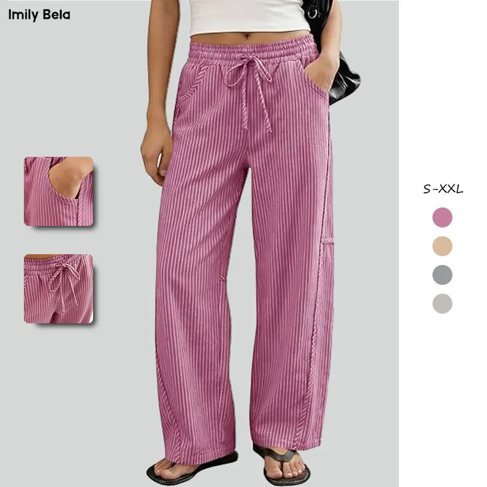 Imily Bela Viral Barrel Leg Pants - Wide Leg Striped Lounge Trousers | TikTok's Favorite Baggy Pants with Pockets