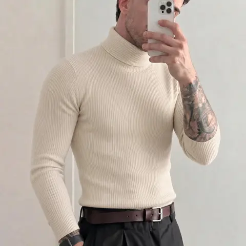 SAND SOUND Men's Minimalist Ribbed Knit Turtleneck Sweater - Unisex Plain Long Sleeve Pullover, Soft Casual Warm Knitwear for Fall Winter Streetwear, Halloween, Christmas, Thanksgiving, Party