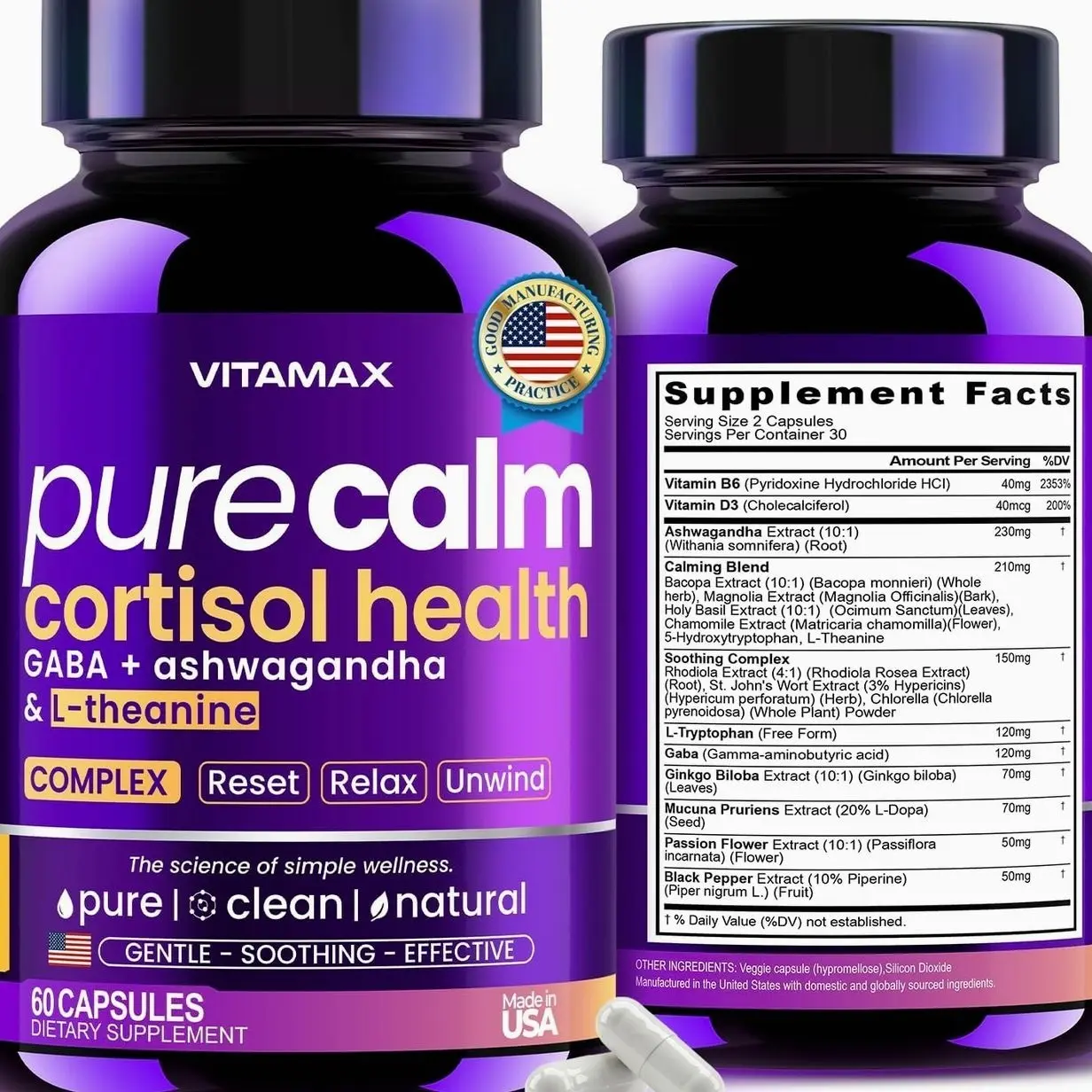 Vitamax Pure Calm Cortisol Supplements for Women - L Theanine, Ashwagandha, GABA for Relaxation, Mood & Stress Support with Ginkgo Biloba, Bacopa Monnieri, 5-HTP – Non-GMO, Made in USA – 60ct