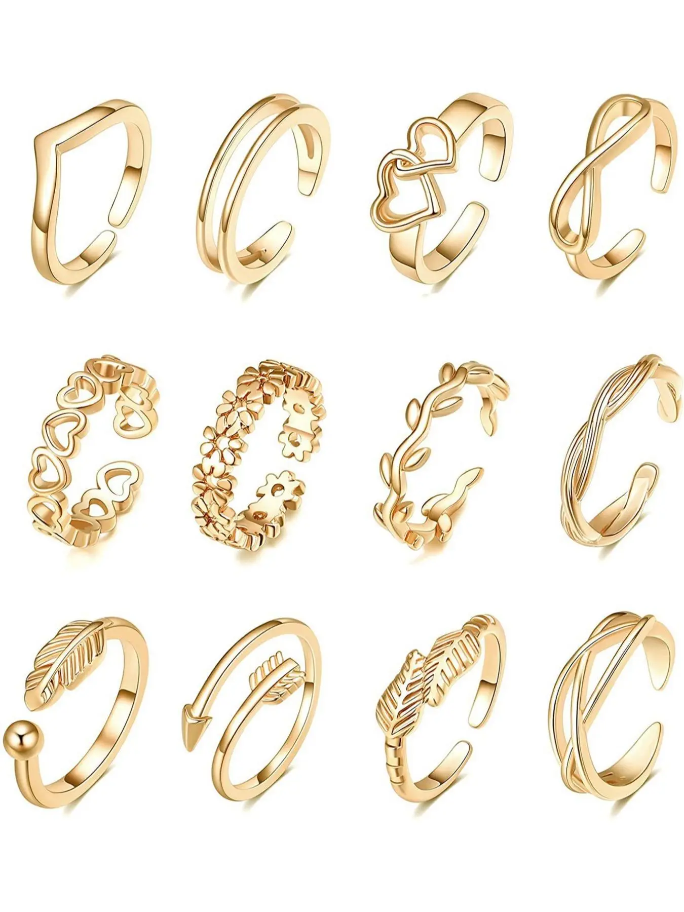 Women's Hollow Out Flower & Heart & Leaf Design Open Toe Ring Set, Stackable Rings, Stackable Finger Rings, Adjustable Ring for Women & Girls, Jewelry for Birthday Gift, Dainty Stacking Rings, Fashion Stackable Rings, Beautiful Rings