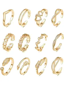 Women's Hollow Out Flower & Heart & Leaf Design Open Toe Ring Set, Stackable Rings, Fashion Adjustable Ring for Women & Girls, Trendy All-match & Exquisite Jewelry for Birthday Gift, Dainty Stacking Rings, Heart Cluster Ring, Statement Multi Ring