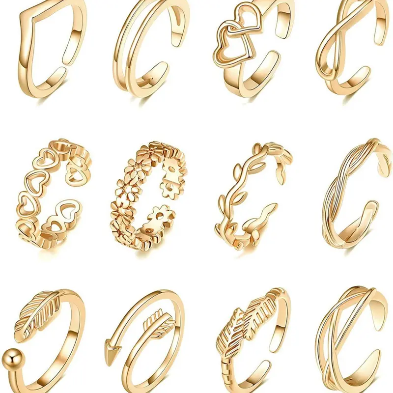 Women's Hollow Out Flower & Heart & Leaf Design Open Toe Ring Set, Stackable Rings, Stackable Finger Rings, Adjustable Ring for Women & Girls, Jewelry for Birthday Gift, Dainty Stacking Rings, Fashion Stackable Rings, Beautiful Rings