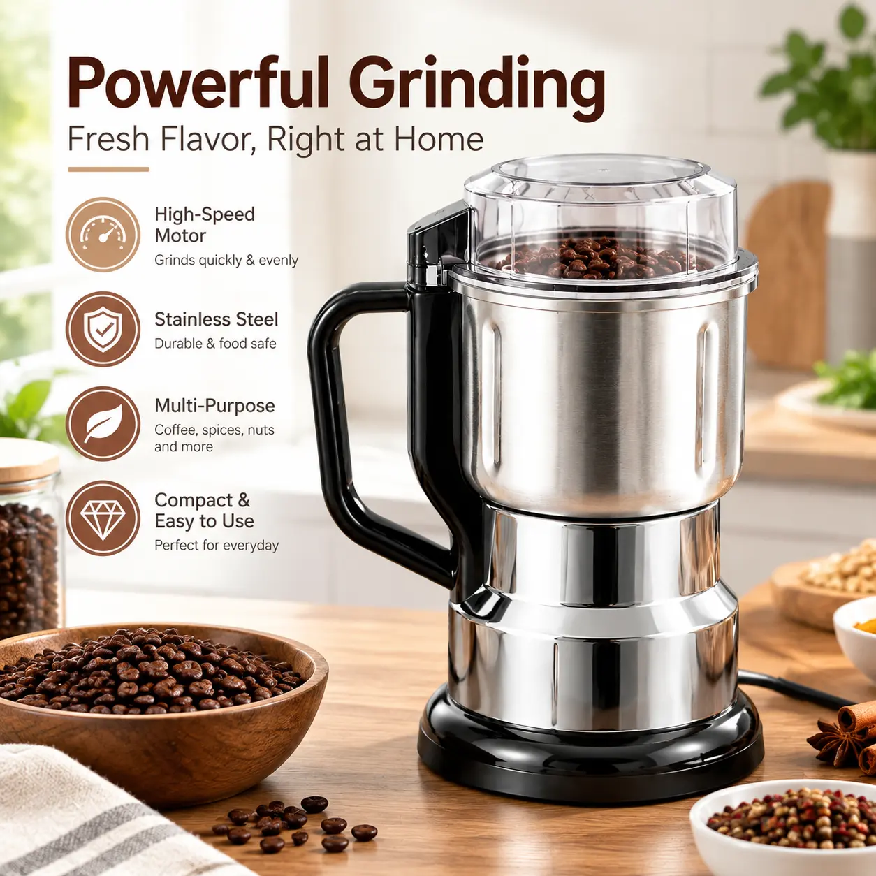 300W Electric Coffee Bean Grinder - Stainless Steel Blade Coffee Grinder for Beans, Spices & Nuts, Fast Powerful Kitchen Mill