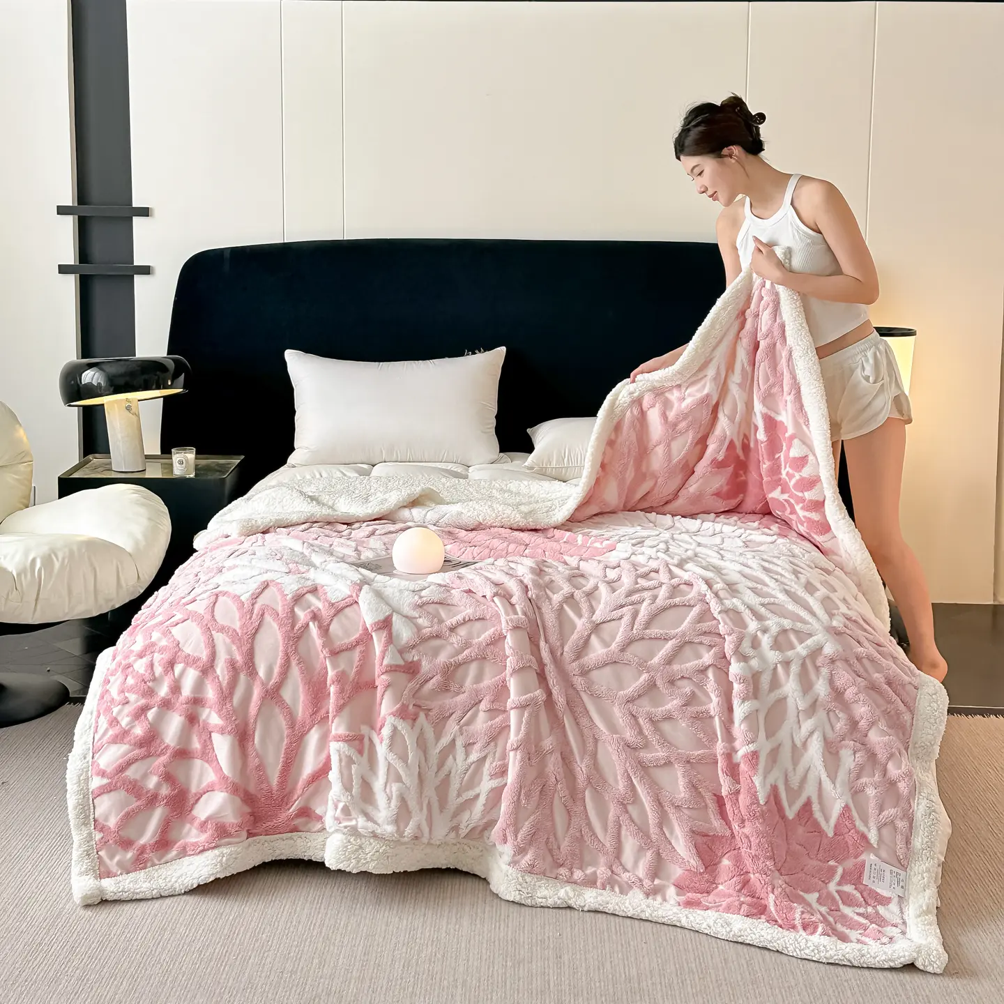 Blush Pink Jacquard Openwork Geometric Print Blanket - Soft Texture, Dry Clean Only, French Country Decor, Indoor Use, French-Style Bedroom Bedding, Holiday Gift for Friends
