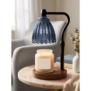 Dusty Blue Boho Candle Warmer Lamp with Timer -- Tiffany-Style Glass Shade, Dimmable Wax Warmer, Auto Shut-Off, Adjustable Height,  Candle Lamp for  Decor,  Base, 2 Bulbs,  for Her
