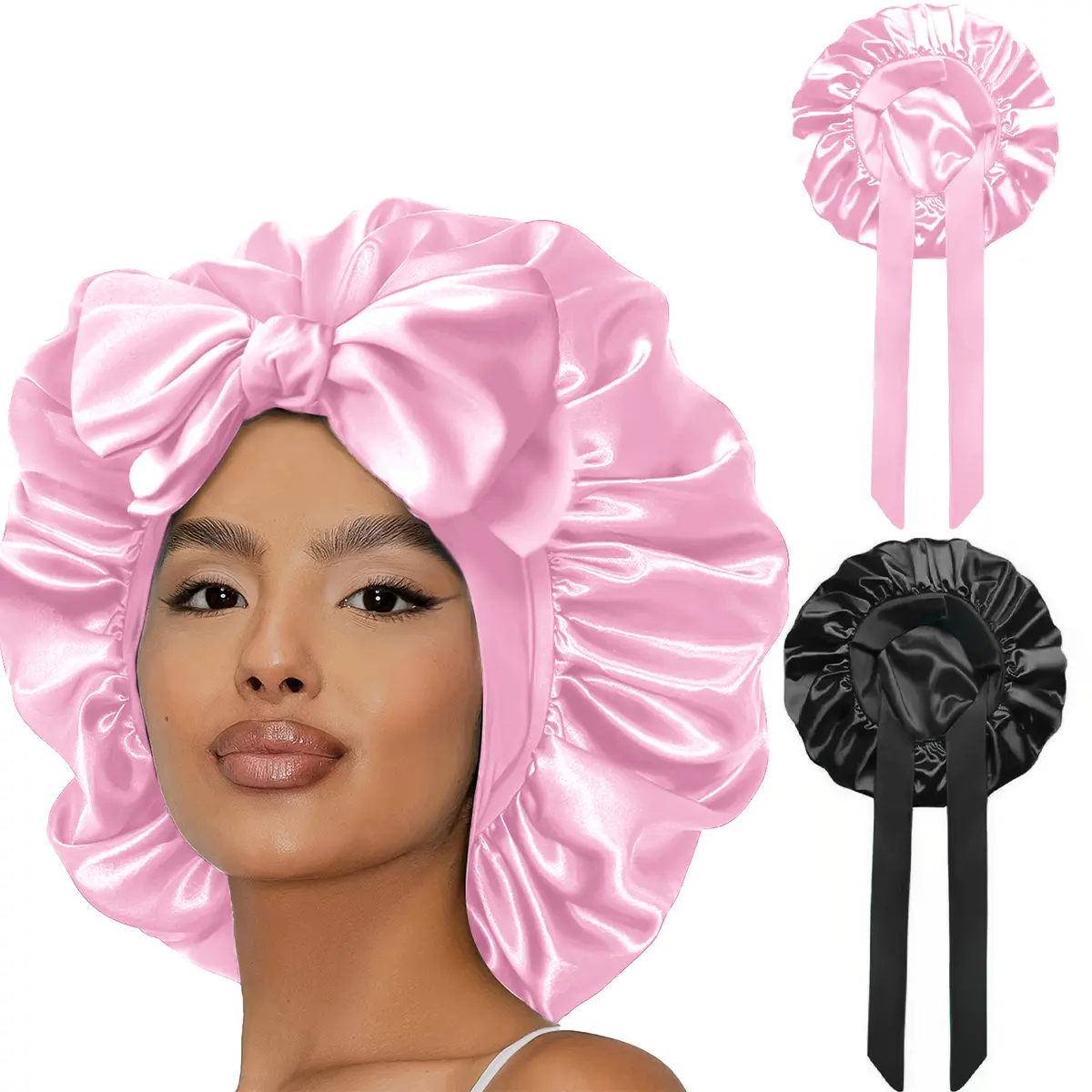 2PC Double Layer Satin Bonnet with Tie Band for Sleeping  Satin Lined Silk Skin Friendly Bonnet for Sleeping Hair Bonnets for Women Natural Curly Hair 2026 New
