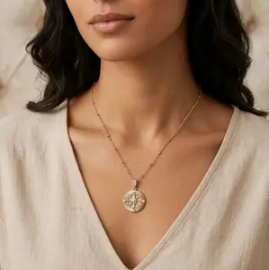 Compass Star Pendant Necklace – PVD Stainless Steel Waterproof Unisex Statement Necklace – Spiritual Guidance Jewelry Gift