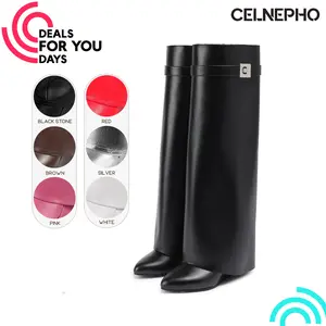 CELNEPHO Fashion Boots for Women Pointed Toe Knee High Shark Boot Covered Wedge Heel Wide Calf Easy Pull on Fold Over Booties Party Date Gift Casual Summer Wear Trendy Dress Shoes Deals For You Days