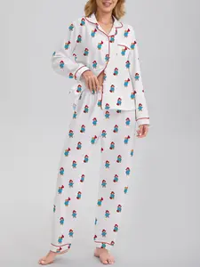 Women's Cute Teddy Bear Printed Sleepwear Pajama Set, Long Sleeve Button-Down Top & Loose Elastic Pants, Casual Winter Homewear Loungewear Pjs, Womenswear