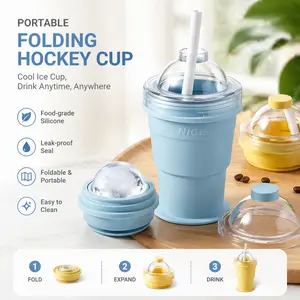 Portable Foldable Ice Cup Food-Grade Silicone Collapsible Cold Drink Cup with Reusable Straw Leakproof Lightweight Travel Mug for Outdoor Beach Camping Picnic
