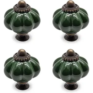 4pcs Dark Green Pumpkin Knobs Vintage Ceramic Cabinet Dresser Pulls with Mounting Screws