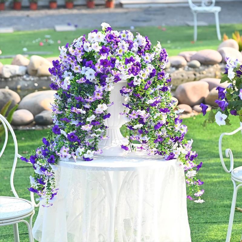 Outdoor simulation violet flowers, 2/4-piece set of UV-resistant fake hanging plants, silk long hanging vines for spring outdoor potted plants, porch and garden decor, suitable for Mother's Day, Thanksgiving, Christmas, wedding decorations and more.