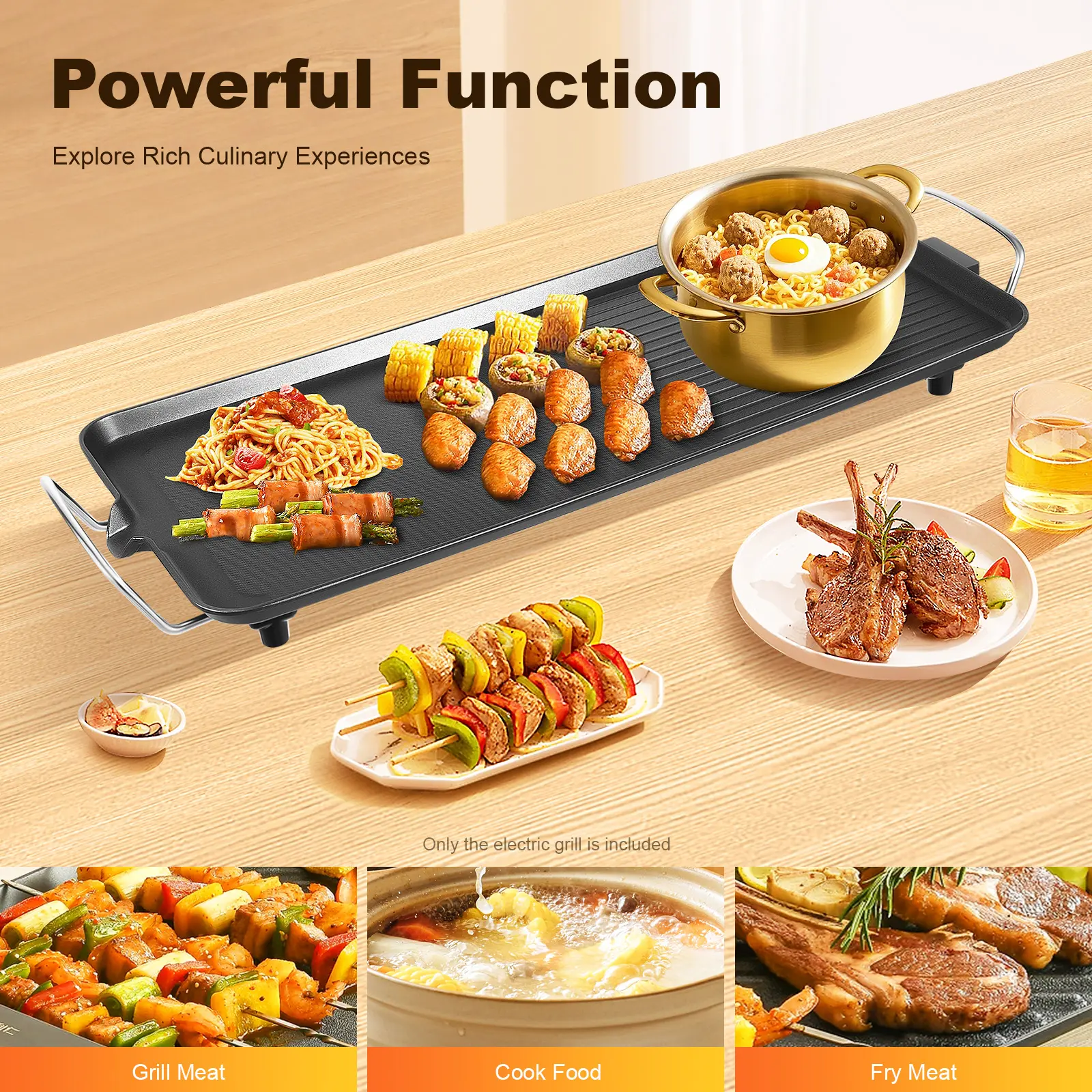 1500W Smokeless Non-Stick Electric Grill Outdoor Gadgets - 5 Temp Controls, 482℉, 26x11 Inch Large Griddle for Steak, Meat, Vegetables - Indoor/Outdoor BBQ, Camp Kitchen Essential for Camping, Party Gift
