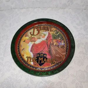 Vintage Round Tin Metal Serving Tray 13" Believe in the Magic Decorative Plate Cookie Platter with Festive Santa Design