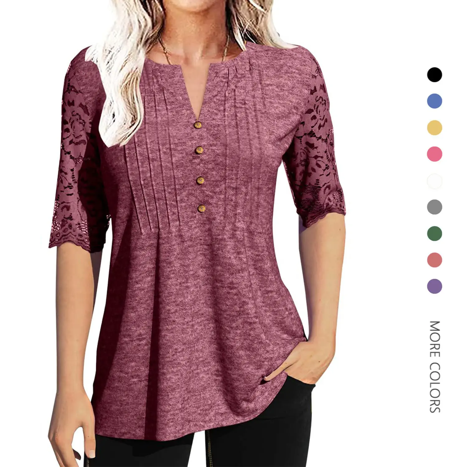 Danedvi Women's Spandex-Polyester Fabric Top - V-Neck, Half-Sleeve, Pleated, Button-Accented, Lace-Detailed Solid-Color Casual Blouse for Stylish Daily Wear