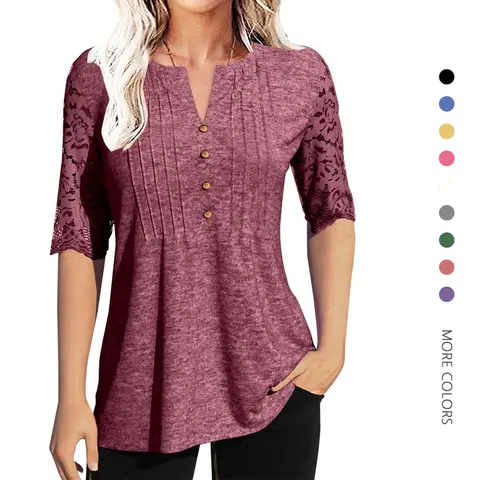 Danedvi Women's Spandex-Polyester Fabric Top - V-Neck, Half-Sleeve, Pleated, Button-Accented, Lace-Detailed Solid-Color Casual Blouse for Stylish Daily Wear