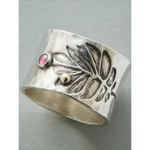 Boho Retro Style Silvery Carved Wide Ring with Pinkish Zircon Inlay Leaves Ring - Perfect for Daily Outfits and Parties Daily Vacation Music Festival Anniversary Gift Couple's Gift，Gift for Her Boho Style Rings