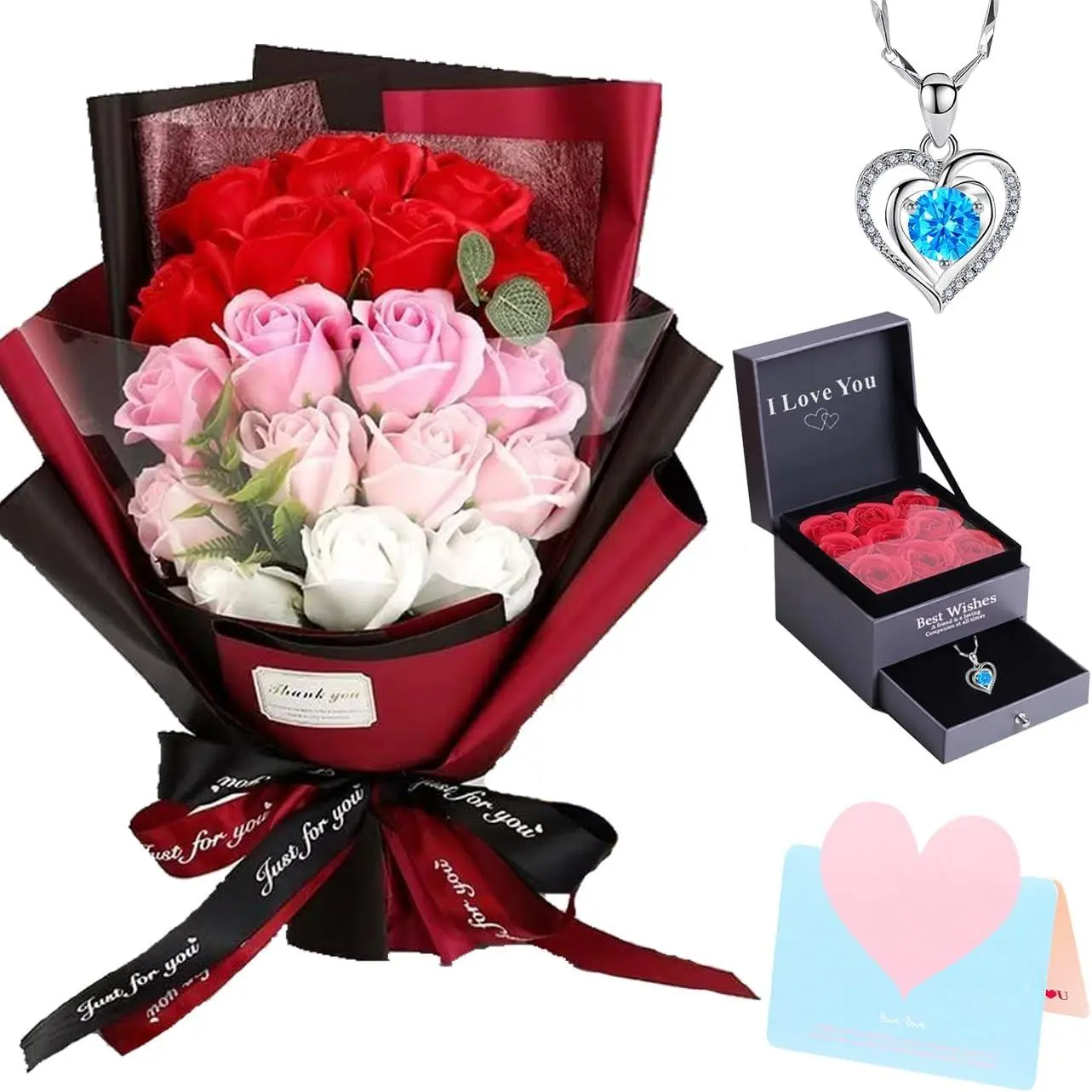 Roses Bouquet Artificial Flower - Preserved Red Rose Flowers Necklace for Her Gift for Birthday, Valentine's Day, Mother's Day, Thanksgiving, Christmas, Anniversary (Pink and Red)