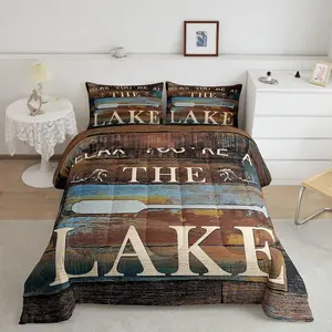 Feelyou Decorative Bed Comforter Set - Rustic Farmhouse Old Barn, Lake House Retro Wooden Stripes Texture Duvet Insert for Adults