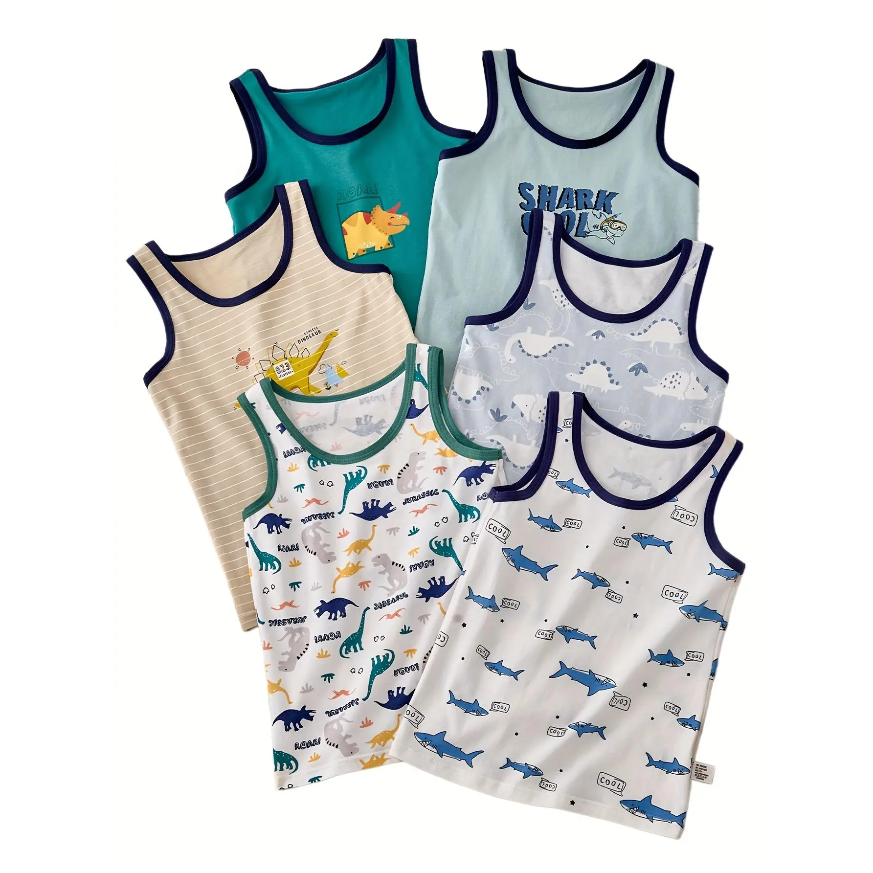 Boys Cotton Tank Tops 6 Pack Dinosaur Shark Print Sleeveless Vests for 3-12 Years Old Kids Casual Daily Outdoor Running, Kids Clothing Boys, Cartoon Boys' Vest