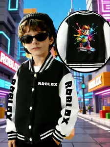 Roblox Boys' Spring & Fall Casual Creative Series Cartoon Print Jacket, Comfortable Sports Leisure Outerwear, College Style, New Year Gift