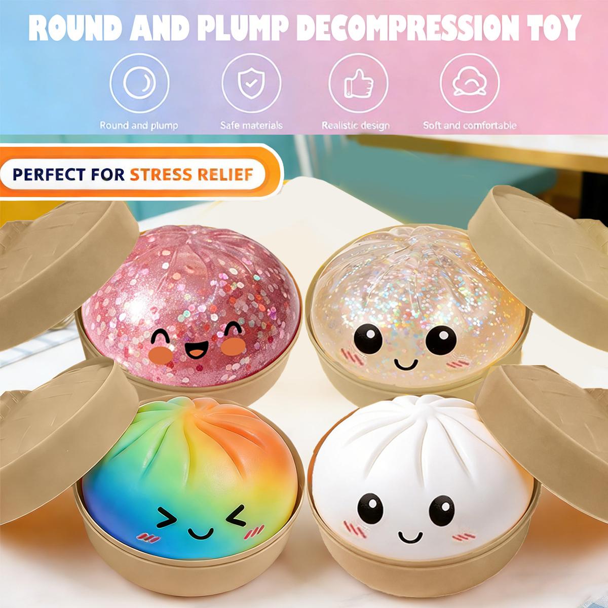 Glitter Dumpling Squishy with Steamer Box, Soft Sensory Squeeze Toy for Stress Relief, Mystery Glitter Dumplings, Decompression Dough