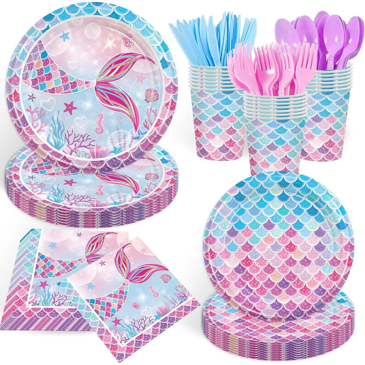 168PCS Mermaid Party Supplies for Birthday Summer Pool Themed Party Decorations Ocean Under The Sea Tableware Mermaid Tail Paper Plates Cups Napkins Set Serves 24 Guests