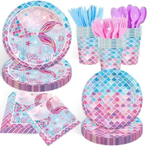 168PCS Mermaid Party Supplies for Birthday Summer Pool Themed Party Decorations Ocean Under The Sea Tableware Mermaid Tail Paper Plates Cups Napkins Set Serves 24 Guests