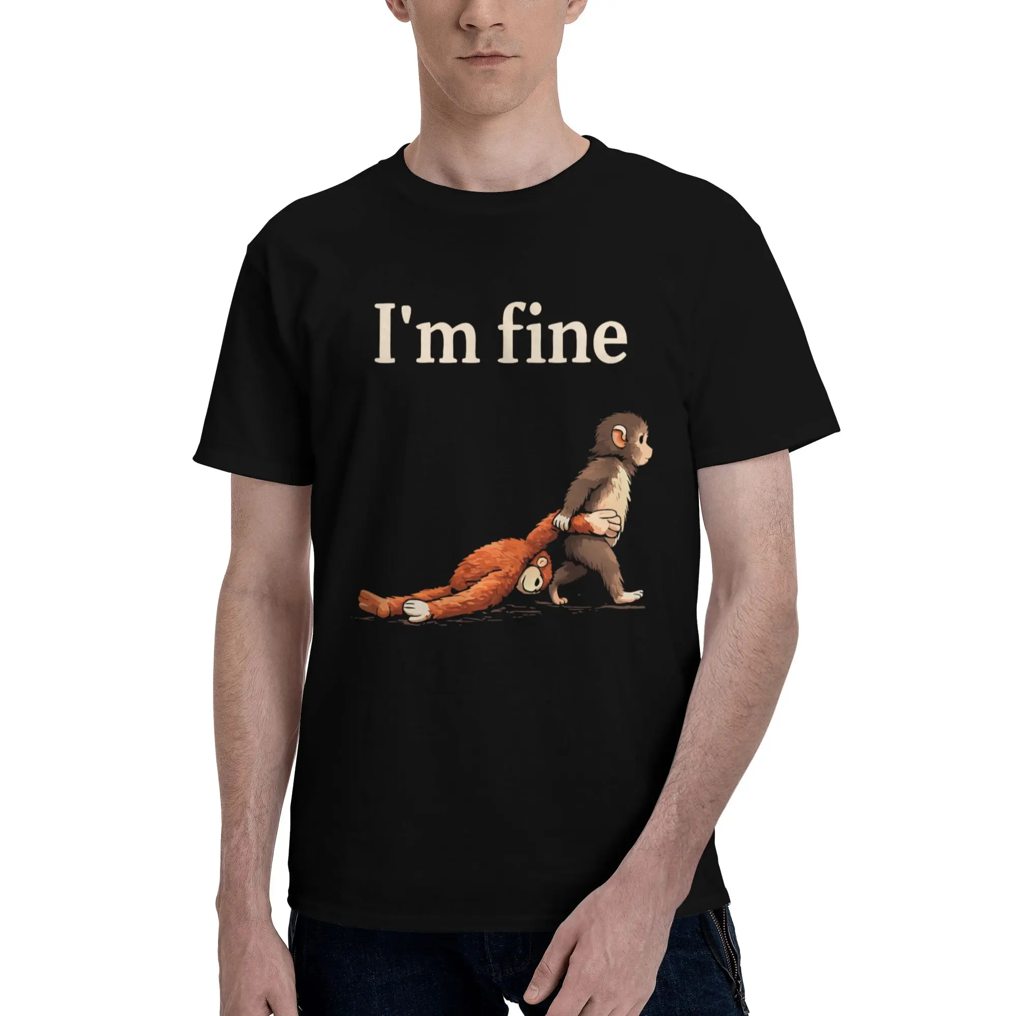 Sad Monkey Punch Meme I'm Fine Comfort Colors Men's T-Shirt Classic Crew Neck Regular Fit Heavyweight Cotton Casual Wear Spring
