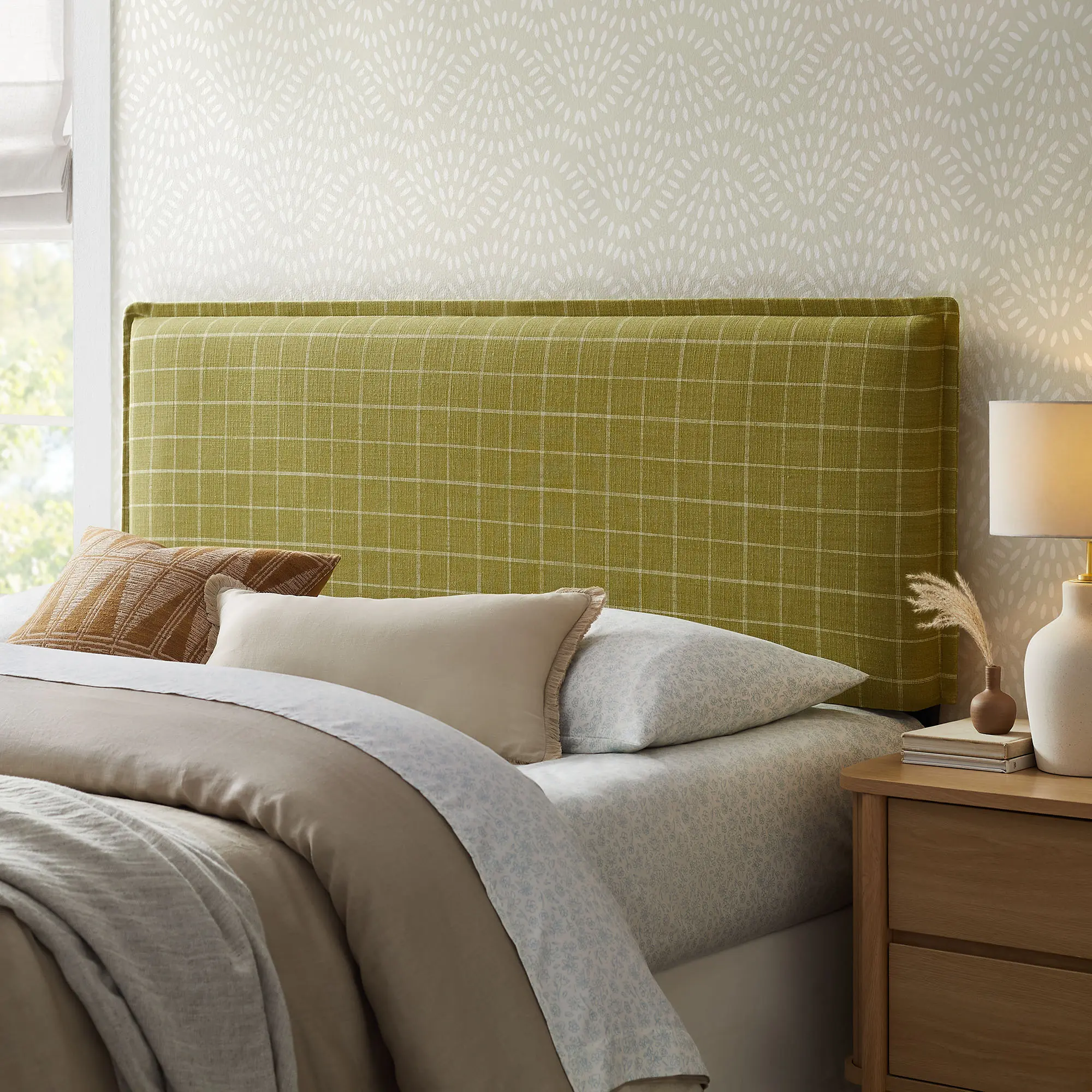 Camille Checkered Linen Blend Full Size Headboard in Artichoke Windowpane Check