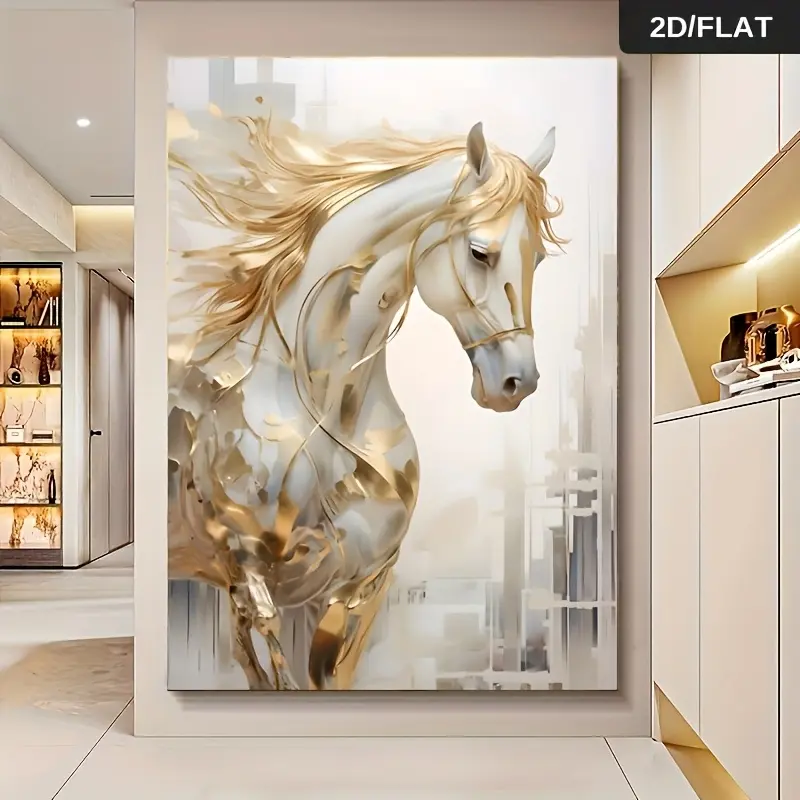 1pc 2D/Flat Frameless Artistic Golden Horse-Shaped Canvas Print, Easy DIY Framing Abstract Decor, Gold House Decor Inspo for Living Room, Bedroom Home Supplies