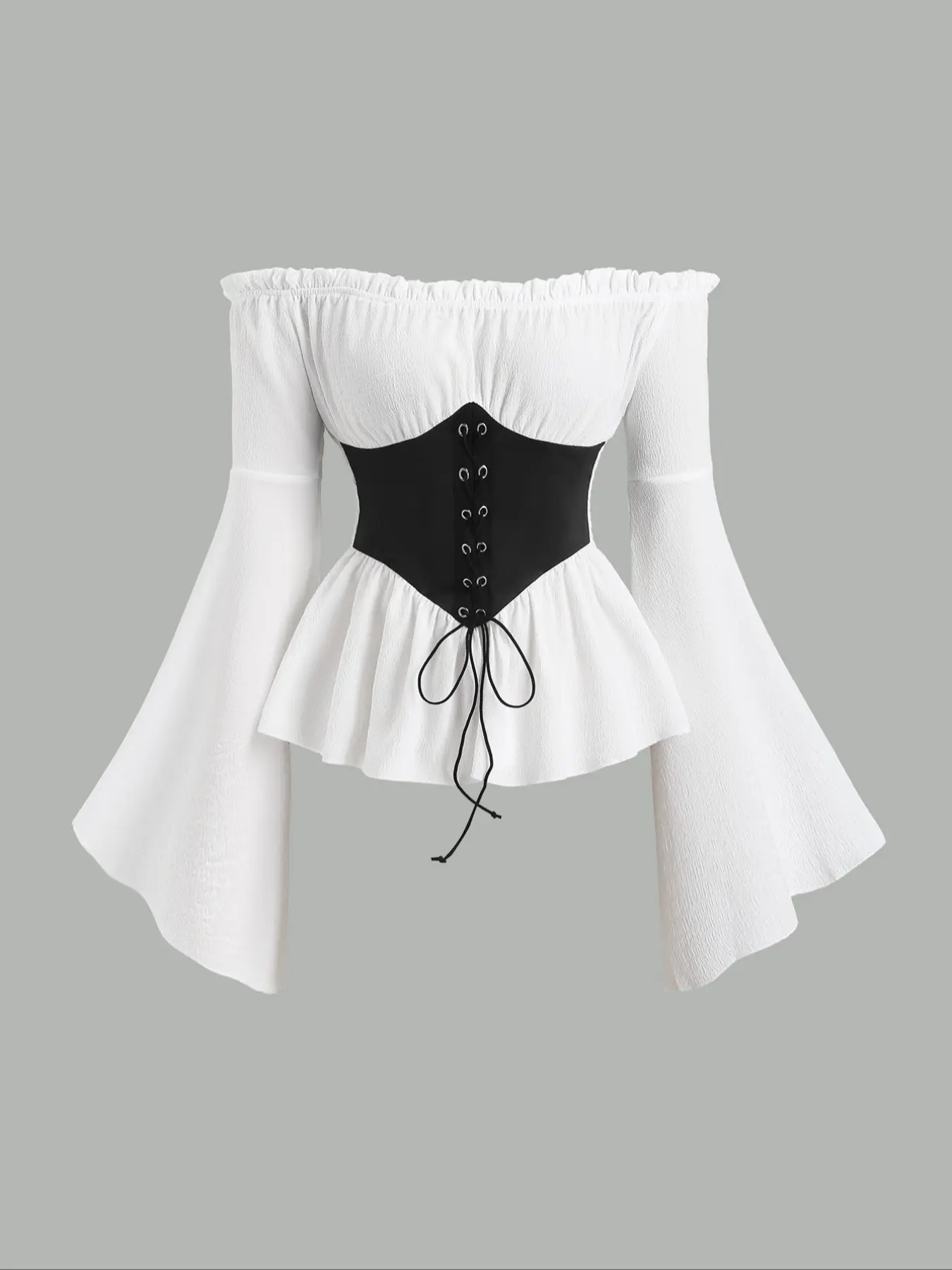 Elegant Retro Off-Shoulder Split Long Sleeve Top Blouse, Contrast Waist Belt, Versatile Fashionable Commuter Wear, Romantic Y2K Style