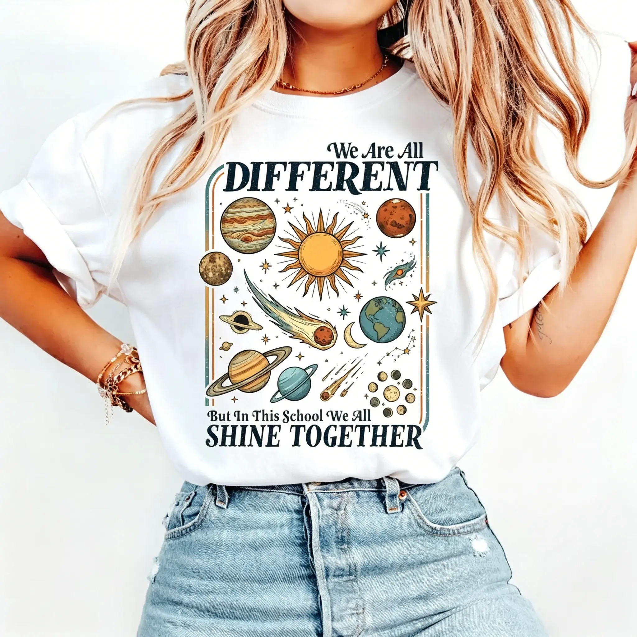 Women's Cotton Printed Round Neck Short-Sleeve T-Shirt - "We Are All Different Space Planets" Graphic, Soft Comfort Colors Inclusive Diversity Theme, Relaxed Casual Classroom Back-to-School Apparel for Teachers, Shortsleeve comfy women Christmas Cow
