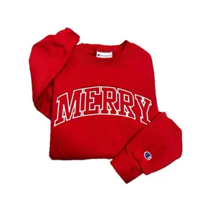 Champion MERRY Christmas Embroidered Holiday Casual Pullover Crewneck Sweatshirt