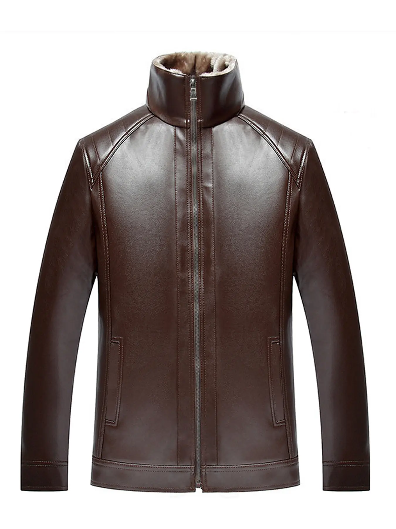 Men's Fall Winter Motorcycle Biker Style Jacket, Fitted Long Sleeve Waterproof Faux Fur Lined PU Leather Coat, Casual Stand Collar Zipper Outerwear, Brown
