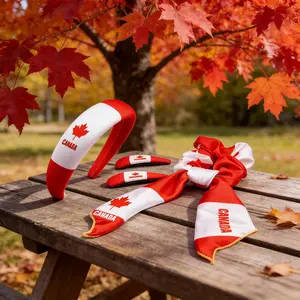 Canada Country Flag Satin Hair Accessory Pack, Wide Padded Comfort Headband + Long Ribbon Tail Scrunchie + Two Hair Barrettes for Sports Event & Patriotic Cosplay Outfit