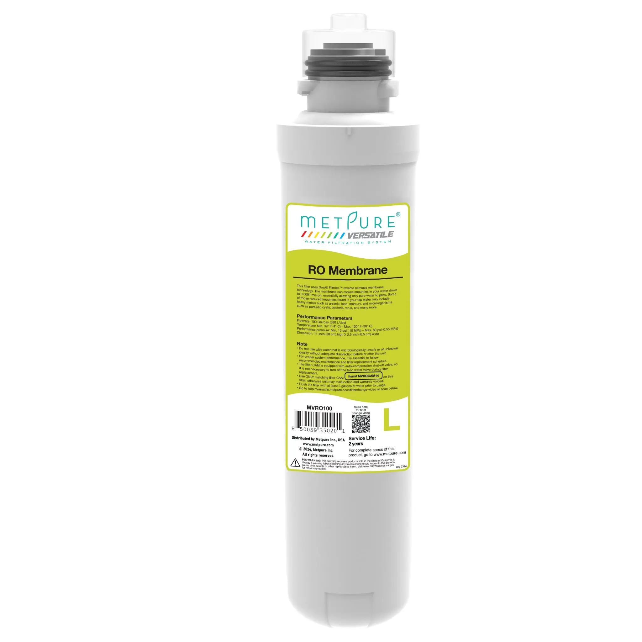 Metpure Versatile 100GPD Reverse Osmosis Drinking Water Replacement Membrane, Filter-Lime Quick Twist Filter (L), Replacement Cartridge 11" x 2.5"