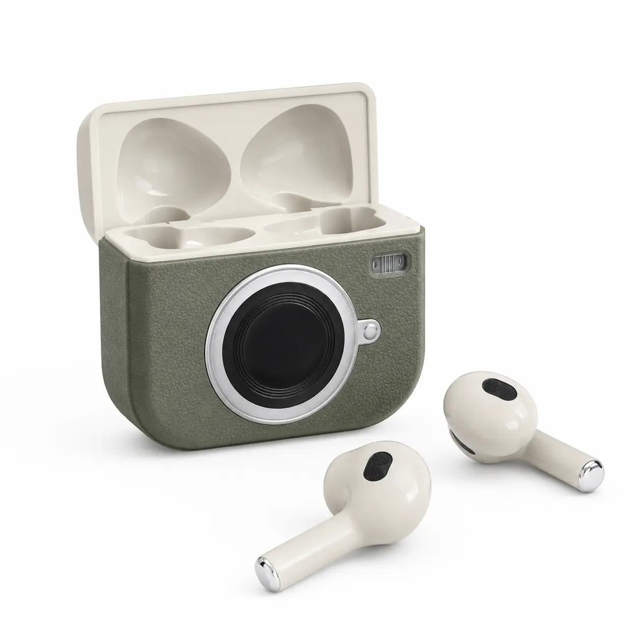 TechGlow Wireless Earbuds with Unique Camera-Style Case - Green & White Design for Modern Audio Experience