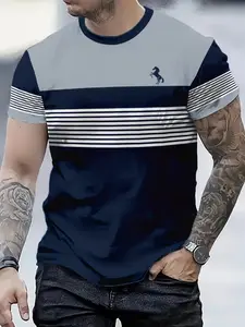 Men's Casual T-Shirt, Lightweight Polyester, All over Print, Slim-Fitting, Round Neck, Four-Season Comfort, Fashionable Daily Wear