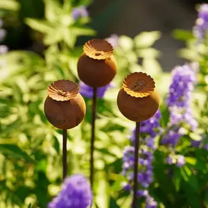 Rustic Metal Iron Poppy Head Stake Set, Outdoor Decor for Patio, Balcony, Planter, Holiday Decoration, Classic Elegance Garden Accent