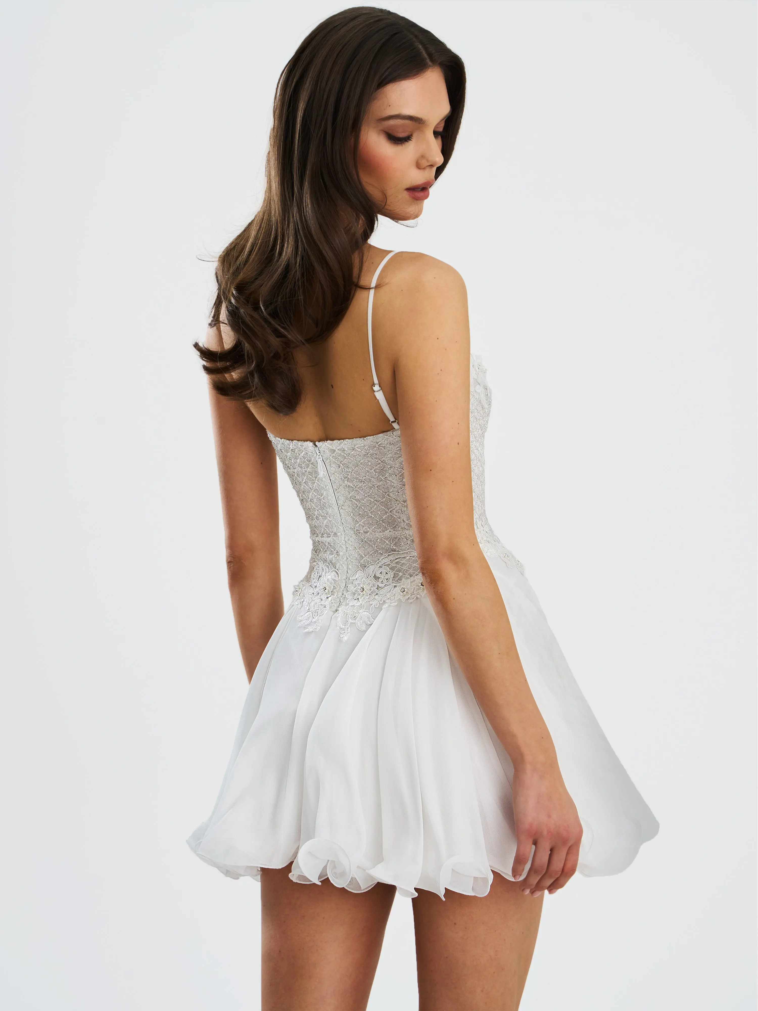 Fabiola Lace Trim Silver Net Top Mini Flare Chiffon Dress - TikTok Shop